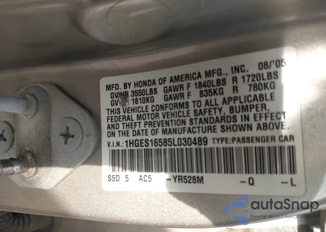 2005 Honda Civic Lx z USA, uszkodzony, nr VIN 1HGES16585L030489